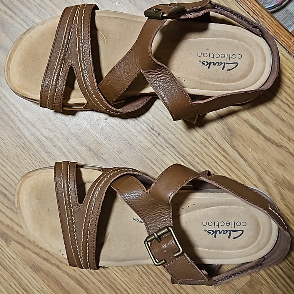 A pair of Clark's sandals.